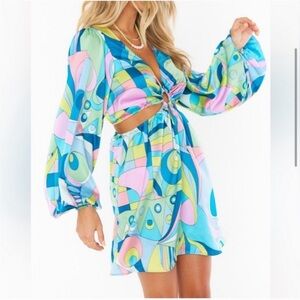 Show Me Your MuMu Blue and Green Go Out Cut Out Retro Mini Dress Large HTF